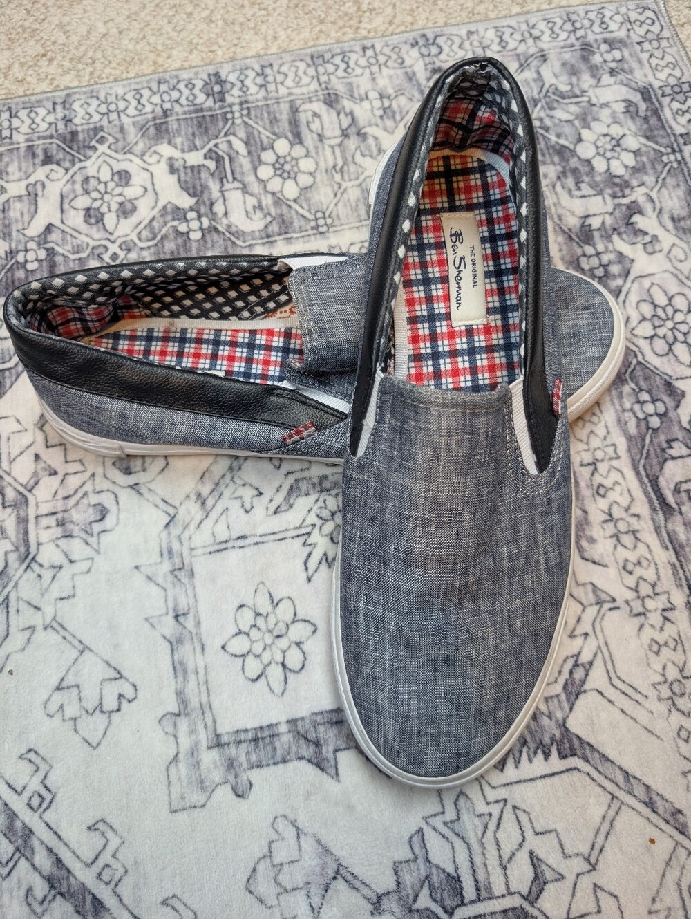 Ben Sherman Men's Slip-On Canvas Loafers in Denim Blue with Plaid Lining Size 12